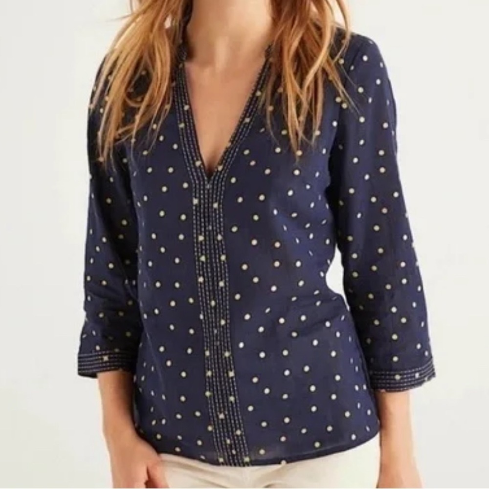 Boden Navy Embroidered Gold Foil Polka Dots Cotton Blouse